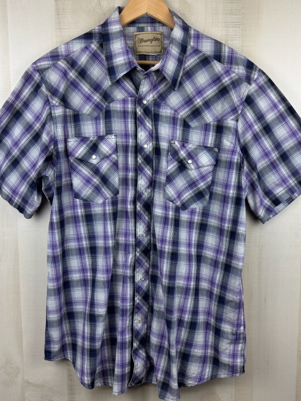 VTG Wrangler Men’s Short Sleeve Pearl Snap Western Shirt Purple Black Plaid XXL
